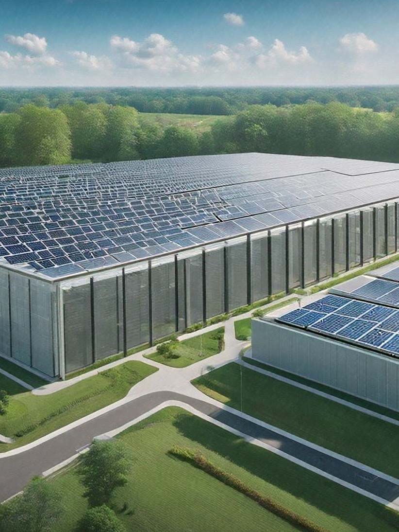 Warehouse with solar panels on the roof